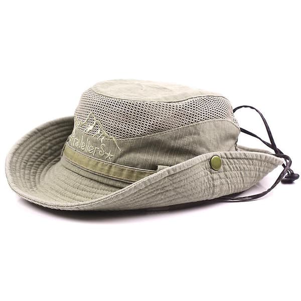 [LCS] Mænd Bomuld Broderi Hat Udendørs Solbeskyttelse Bred Skygge Foldbar Boonie Spandhat Khaki