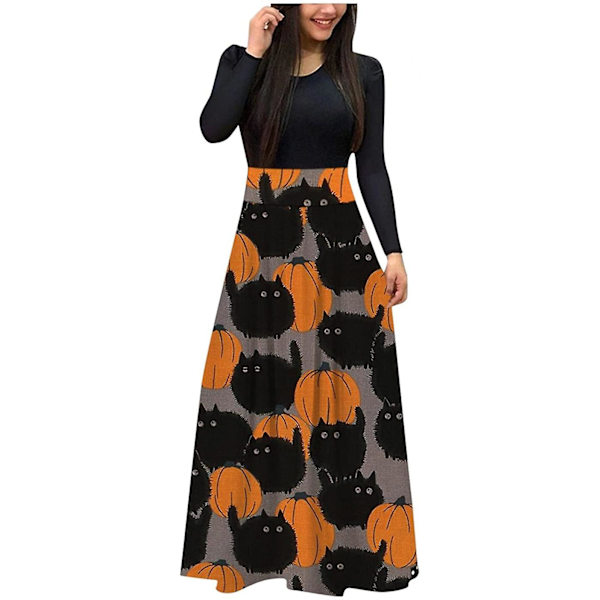 Pitkähihainen mekko naisille Halloween-luurankoprintillä ja korkealla vyötäröllä Pumpkin L
