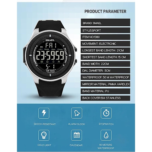 Elektronisk Digital LED Militärklocka Herr (Svart)