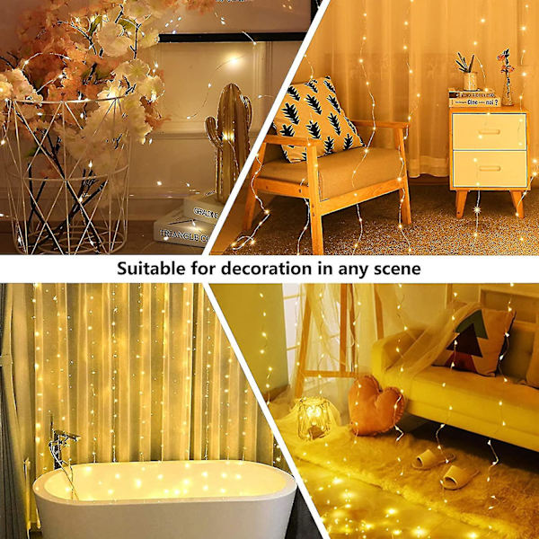 Vanntett USB Gardin Lyslenke med Fjernkontroll 8 Moduser LED Blinkende Lys Julefest Bryllup Halloween Dekor Warm White