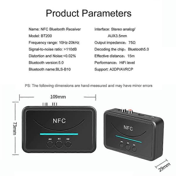 Bluetooth 5.0-mottaker med NFC 3,5 mm jack 2RCA USB HiFi stereolydadaptermottaker for PC bilhøyttalerforsterker