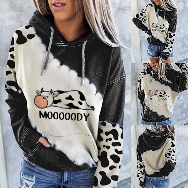 Dam Söt Ko-mönstrad Hoodie Långärmad Casual Tröja Höst Vinter Vår Toppar Ny 4XL