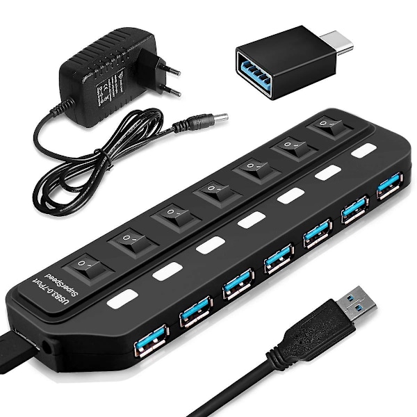 Usb Hub Virtalähteellä 3.0 Usb Data Hub Yksittäisillä Led-virtakytkimillä Usb-jakaja Tukee Supernopea Tiedonsiirtoa EU Plug