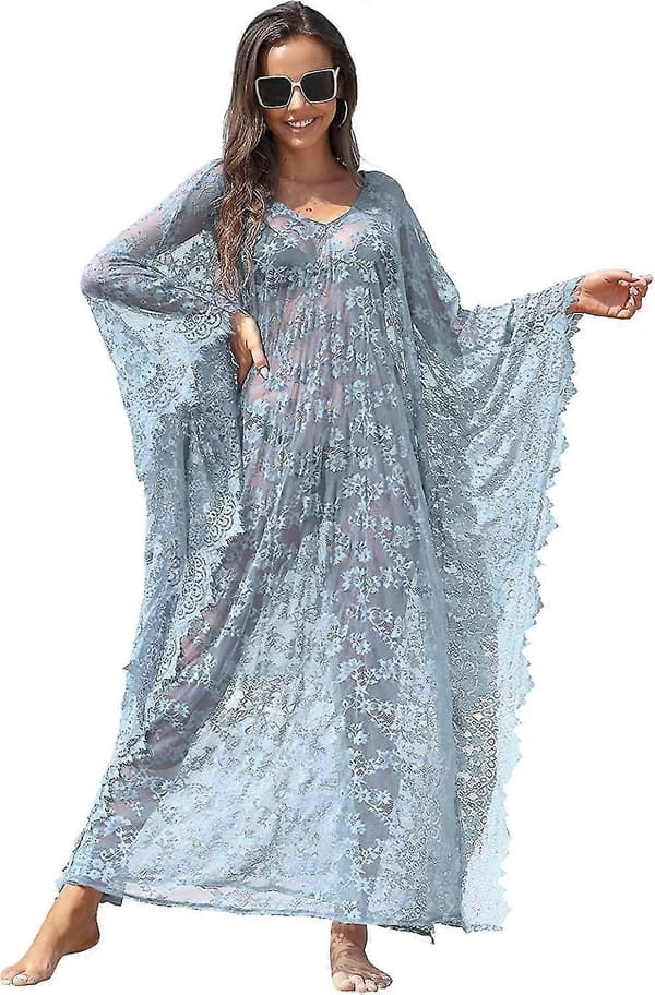 [LCS] Strandöverdrag Boho Spetskimono Plus Size Bikini Robe Baddräkt för kvinnor Solid-MXBC Mint Blue