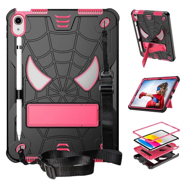 [LCS] Skyddsfodral för iPad (2025) iPad 10.9 (2022) Anti-fall surfplattefodral Spindelstil PC Silikon Kick Multicolor Black+Rose