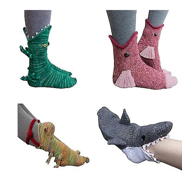 Strikkede Krokodillesokker - Strikkede Dyresokker Sjovt Strikkemønster Finurlig Alligator Strikket Kant shark