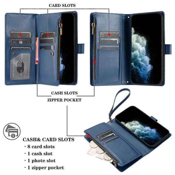 Kompatibelt med iPhone 15 plånboksfodral premium blixtlås stort utrymme flip PU-läderfodral Blue