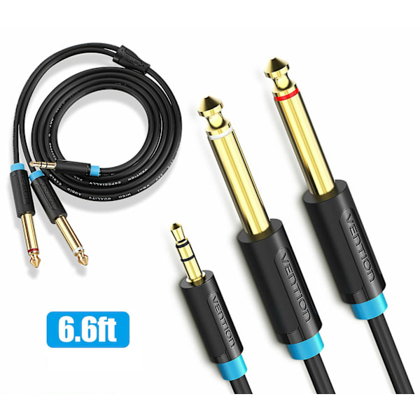 3,5 mm 1/8\" TRS til dobbel 6,35 mm 1/4\" TS Mono Stereo Y-splitterkabel for høyttaler 2M