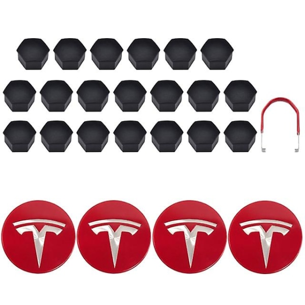 Tesla Model 3 Y S X Hjulkapselkit Centerkapsel Nav Mutter Skydd Svart Röd Vit Grå Med 4 Centerkapslar 20 Mutter Skydd Red Silver Matte