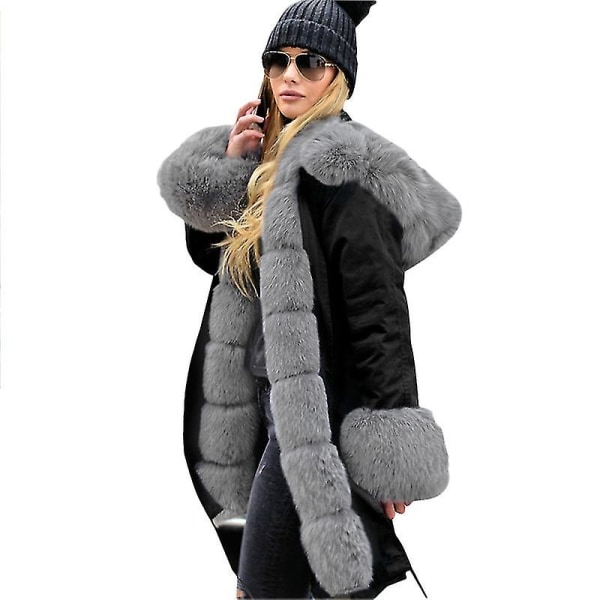 Dame Camouflage Faux Fur Foret Jakke med Hætte Parka Julegave black*gray S