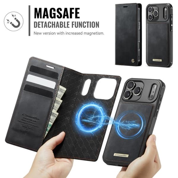 [LCS]iPhone 17 Pro -nahkakotelo MagSafella ja RFID-estolla, irrotettava lompakko Svart