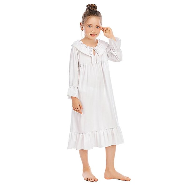 Flickans nattlinne långärmad prinsesspyjamas klänning white 130cm