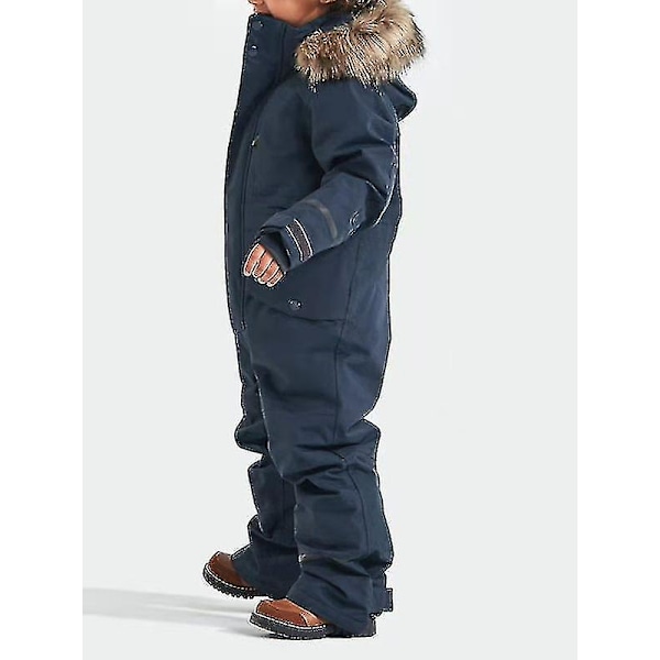 Vindtæt og vandtæt tyk foret heldragt til børn med enkelt og dobbelt lag, der lyser i mørket, ski-dragt i ét stykke til drenge og piger, bomuldstøj, marineblå 160 Navy Blue