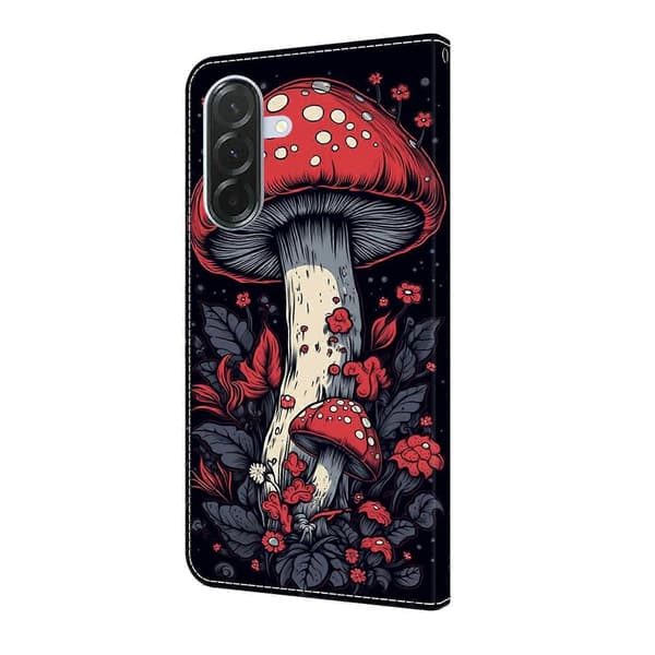 För Samsung Galaxy S24 FE Läderfodral Mönstertryck Plånboksställ Flip Telefonfodral Red Mushroom