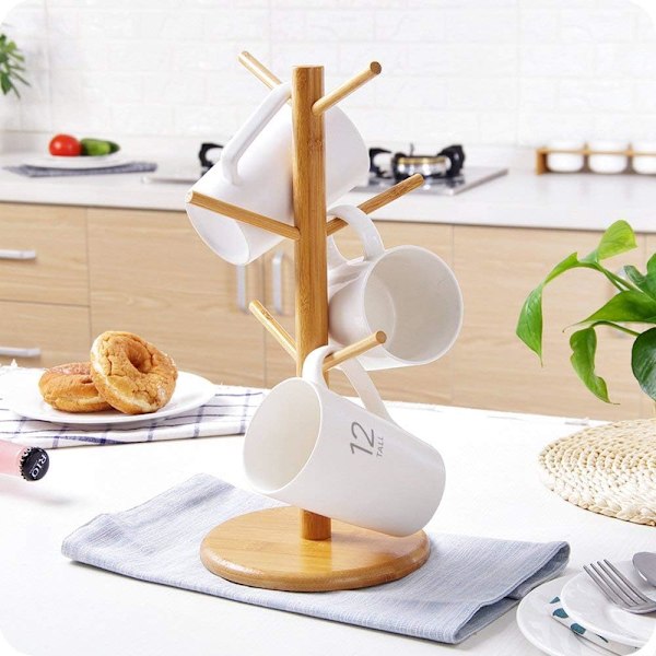 Krus Holder Træ, Kaffekop Holder, Bambus Krus Træ Stand, Kaffekop Tørrestativ med 6 Kroge$Bambus Træ Krus Stand Træ Kaffe Te Kop Organizer