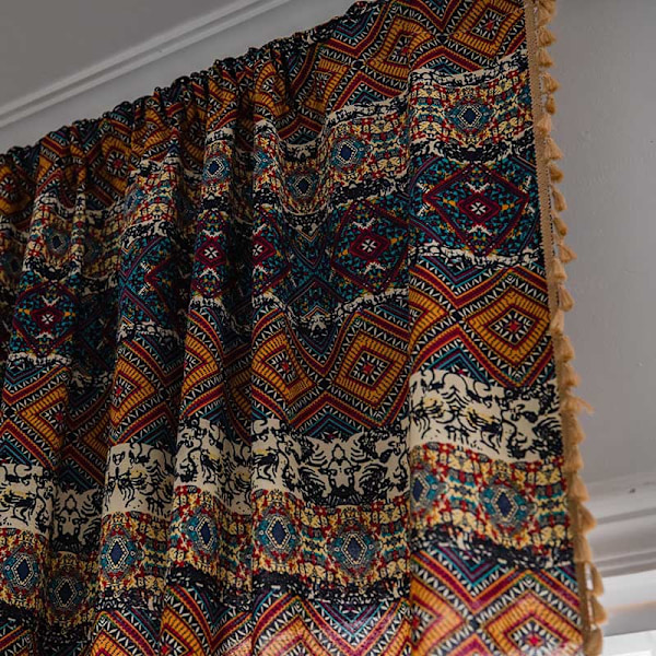 Boheme gardin etnisk stil gul firkantet trykt soveværelsesgardin Slidstang-gul firkantet kaffe broo Width 135 * height 46cm(150g) Wear Rod-yellow square coffee broom