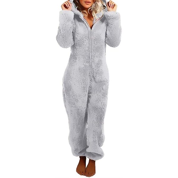 Bedårande Jumpsuit med dragkedja och huva, Fleece Pyjamas Dam Långbyxor Sovkläder Plysch Hoodies Sovkläder Gray 4XL