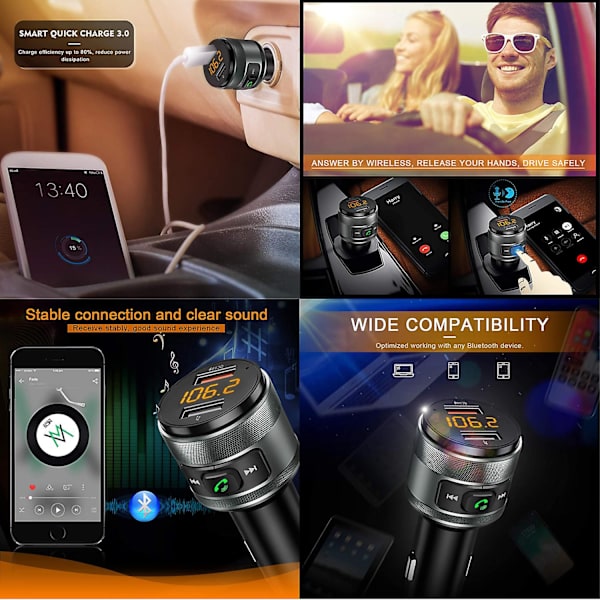 Bluetooth 5.0 FM-lähetin radioadapteri musiikkisoitin handsfree-puhelut USB-portit laturi