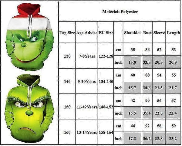 Unisex Børn The Grinch Hættetrøje Trykt Pullover Lomme Sweatshirt E 11-12Y