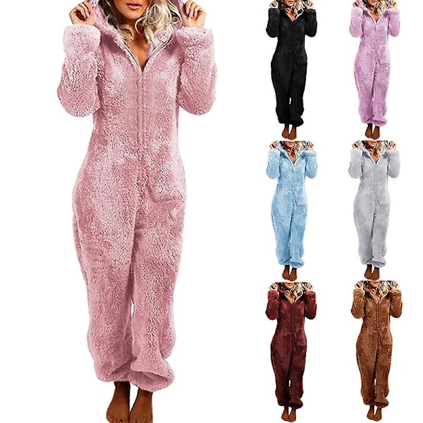 Bedårande Jumpsuit med dragkedja och huva, Fleece Pyjamas Dam Långbyxor Sovkläder Plysch Hoodies Sovkläder Wine Red L