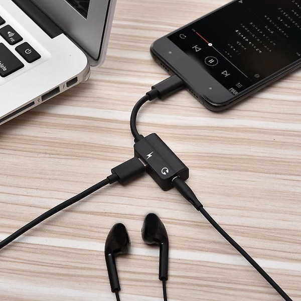 Usb-c Typ-c Till 3.5mm Jack Aux Hörlursljud Splitter Laddningsadapterkabel Black