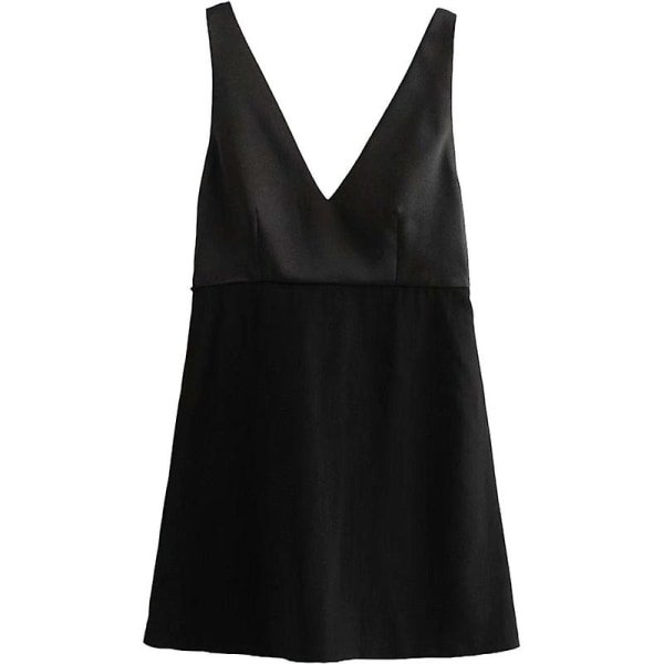 Elegant V-ringad svart klänning med rosett och rygglös ärmlös klänning S
