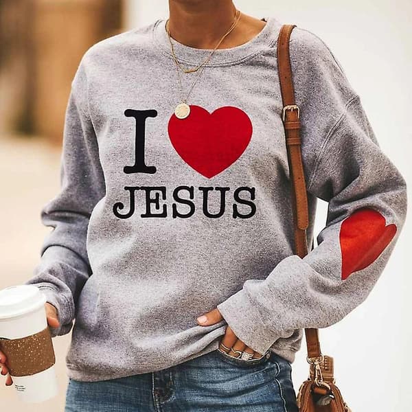 [LCS]I Love Jesus Hjerteprint Langærmet Pullover Afslappet Sweatshirt til Kvinder Rund Hals Pullover Top L