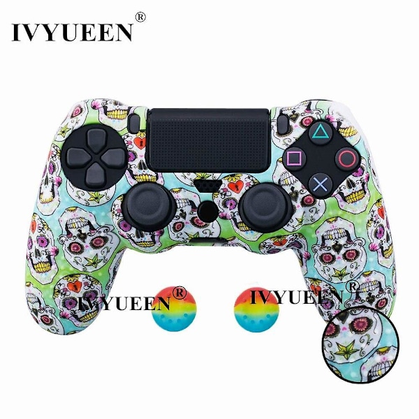 Ivyueen 20 farver skridsikker silikone beskyttende skin case til Sony PlayStation 4 PS4 DS4 Pro Slim controller thumb grip caps Ful skull c