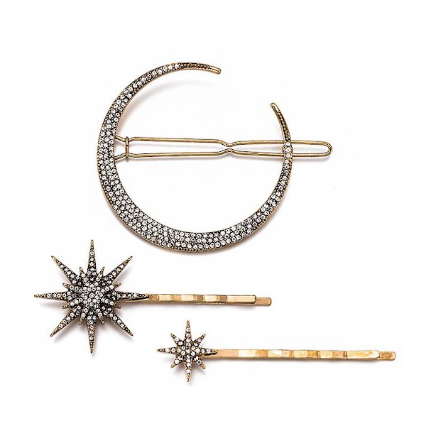 1 set 3 st Guld Måne Stjärnform Strass Hårklämmor Glänsande Diamant Sidoklämmor Hårnålar