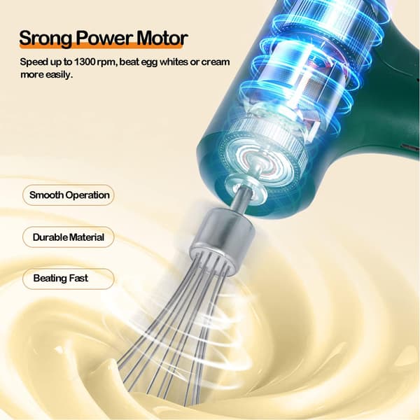 [LCS] Electric Hand Whisk, USB Rechargeable, Egg Beater with 2 Detachable Whisks with 3 Speed Modes Green