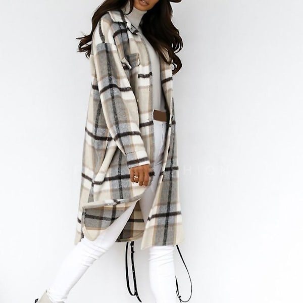 Dame Casual Varm Letvægts Knap Ned Plaid Langærmet Jakke Frakke Almindelig Pasform Til Hjem Og Brown 2XL