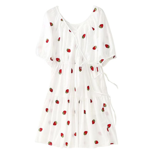 Flockad Strawberry V-ringad Puff Sleeve Dress L