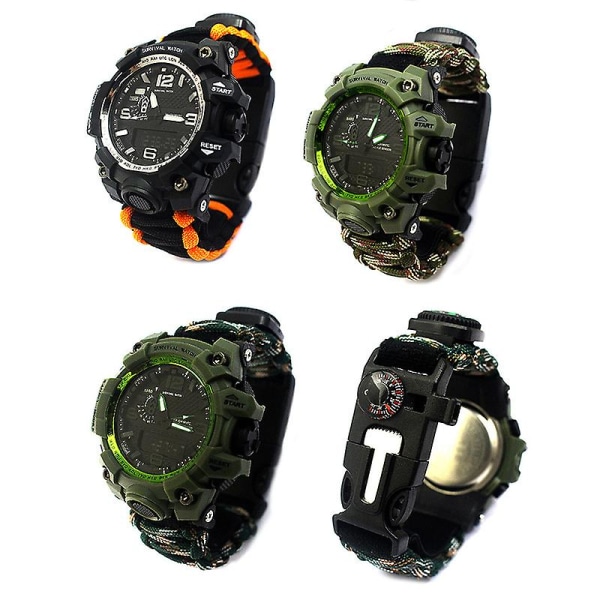 Outdoor Survival Watch Vattentät Emergency Gear Compass Whistle Multi-purpose Armband Army-green