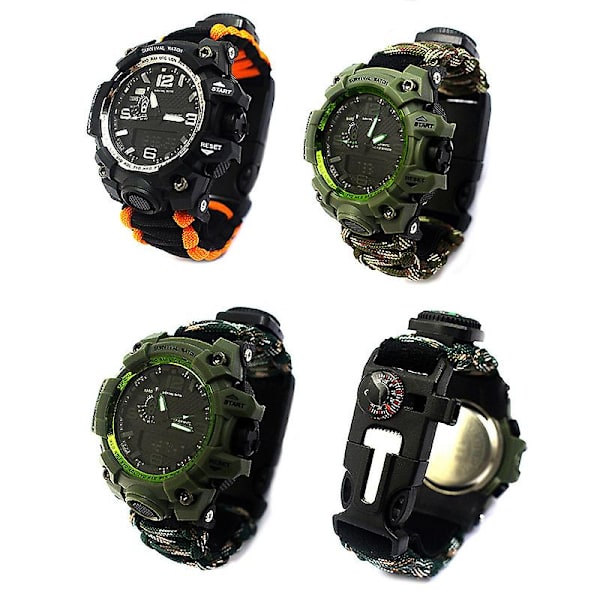 Vanntett Utendørs Overlevelsesklokke Nødutstyr Kompass Fløyte Multifunksjonelt Armbånd Army-camouflage