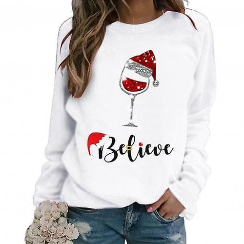 Mode Kvinder Juleprint O-hals Langærmet Pullover Top Løs Sweatshirt XXL