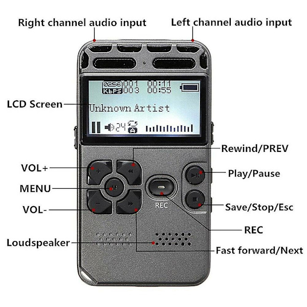 64gb Genopladelig LCD Digital Lyd Stemmeoptager Diktafon MP3 Afspiller
