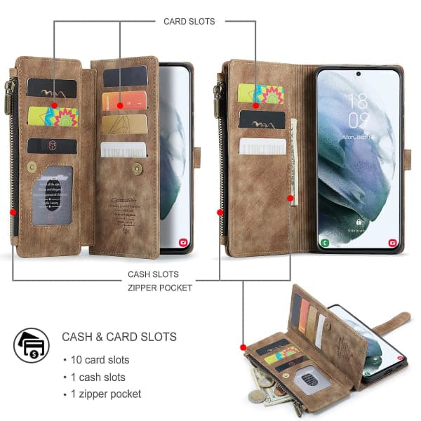 [LCS] Compatible with Samsung Galaxy S21 5G Wallet Case Flip Card Holder PU Leather Magnetic Protective Flip Case - Black Brown