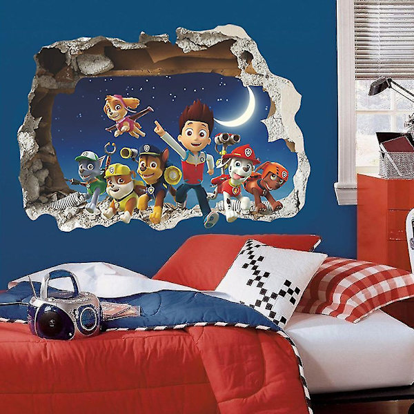 Väggdekaler 3D Trasig Vägg Tecknad Paw Patrol Barnrum