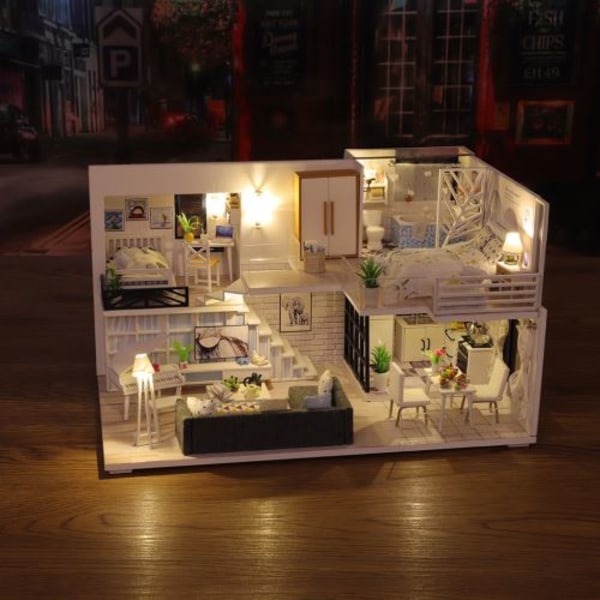 Miniatyrhus DIY 3D trämöbler LED huspusseldekor