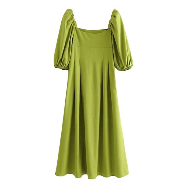 Slim-fit puffärm fyrkantig hals Grön klänning lång kjol L