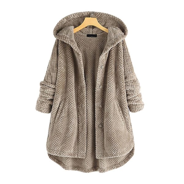 Dame Åben Front Hættetrøjer Langærmet Fleece Cardigans Moderigtigt Løst Varmt Overtøj Til Vinter Ny Khaki L