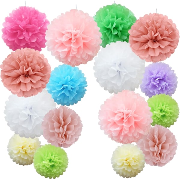 16 st blandade pompoms av silkespapper, pompom-blommor, handgjorda bröllopsfestdekorationer, bollar, mix #01 Mixed
