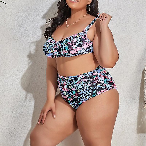 Bikini för damer i oversize-modell, 2-delad, hög skärning, hög midja, justerbara axelband Flower XL