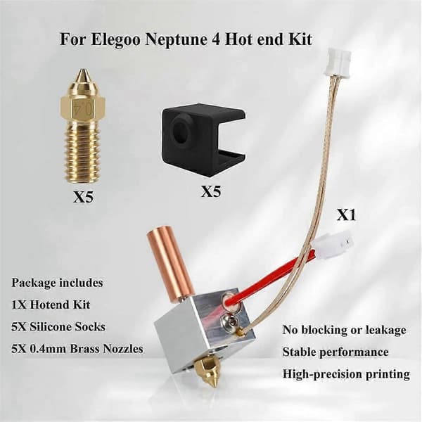 Hotend varmeblok-sæt til Neptune 4/4 Pro, 3D-printer Hotend varmeblok-sæt med 5 stk. silikonesokker og dyser