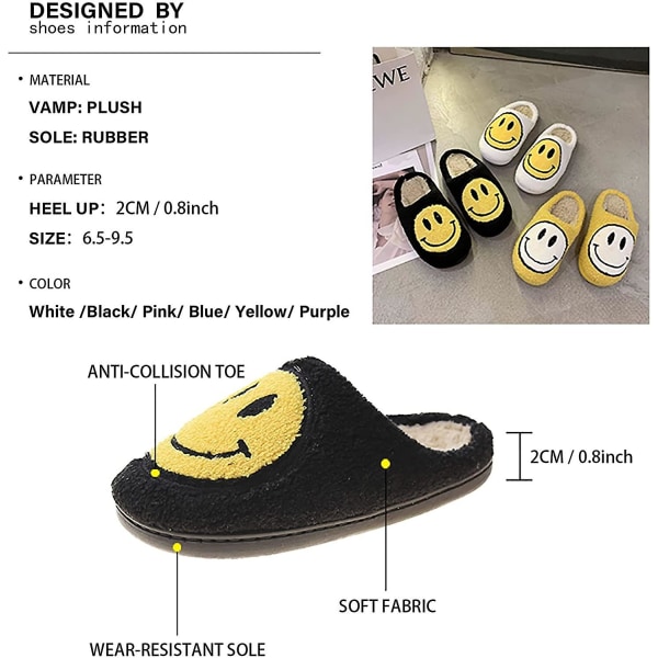 Smiley tofflor, retro mjuka plysch lätta tofflor slip-on mysiga inomhus utomhus tofflor Black 8 wide