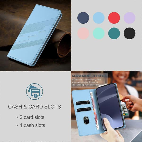 [LCS]Etui til iPhone 15, blødt PU-læder Folio Flip Kickstand Stødsikkert telefonetui - Mørkegrøn Light Blue