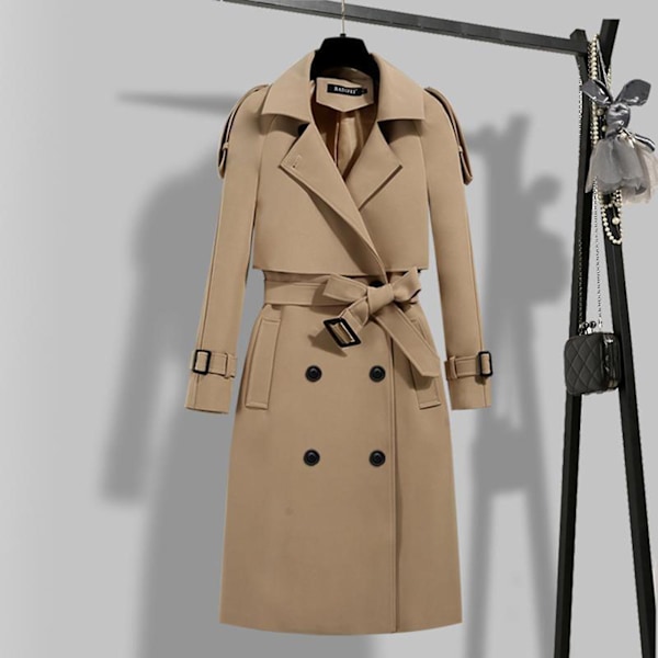 Klassisk trenchcoat til kvinder, mellemlang, mode, vindtæt jakke til efterår, forår og hverdagsbrug Khaki L Khaki