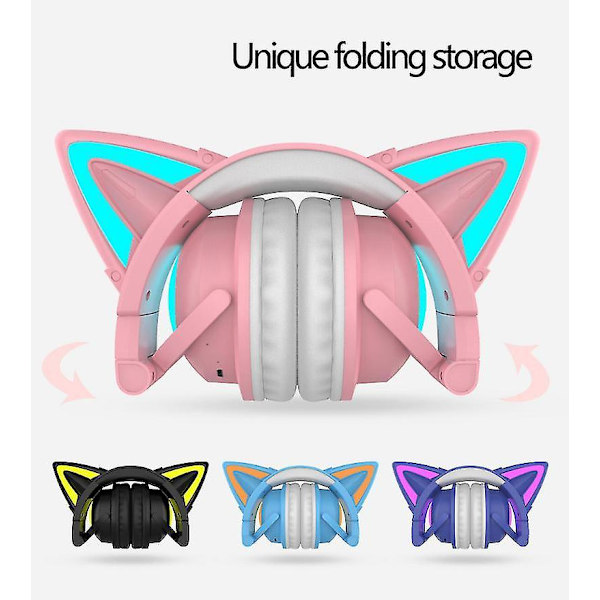 Gaming Headset Katteører Surround Sound Rgb Led Lys Støjreducerende 5.0 Bluetooth (Pink)
