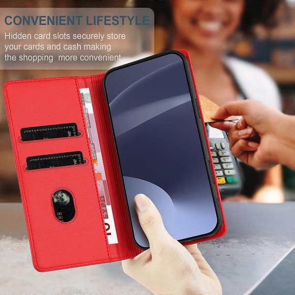 [LCS]Etui til iPhone 15, blødt PU-læder Folio Flip Kickstand Stødsikkert telefonetui - Mørkegrøn Red