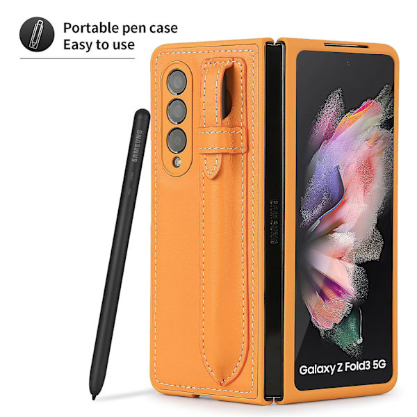 Läder Telefonfodral Kompatibelt med Galaxy Fold 3 5g Med S-pen Hållare Yellow Brown